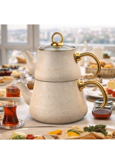 Beyaz Emaye Çaydanlık Seti, Granit Görünümlü Altın Detaylı Çaydanlık, Isıya Dayanıklı Demlik Takımı, Modern Şık Çaydanlık Seti
