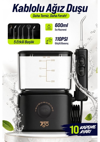 7go 7gmf3 600 Ml Ağız Duşu 110 Psı Güçlü Su Basıncı, 5 Kademeli Ayar, 5 Başlık, 360 Döner Uç, Ipx