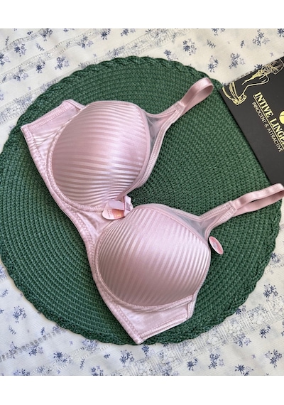 Evelyn Parlak Saten Çizgi Detaylı C Cup Balenli Desteksiz Önü Tül Pembe