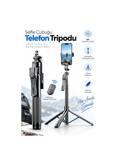 Blic K29 215 Cm Ultra Uzun Bluetooth Kumandalı Selfie Çubuğu Tripod Çift Telefon Tutuculu, Selfie Siyah