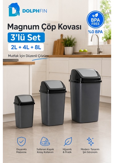 Magnum 3 Lü Sallanır Kapaklı Çöp Kovası Seti 2 L 4 L 8 L Banyo Mutfak Antrasit Siyah