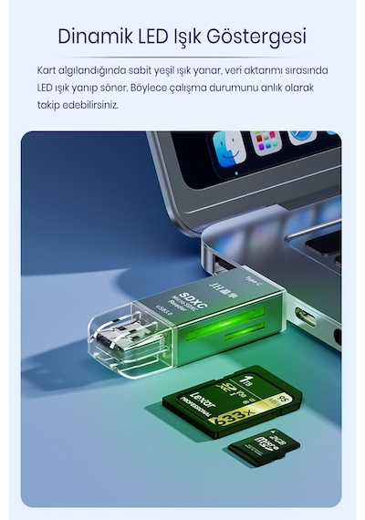 Usb 3.0 Type-c Sd Tf Microsd Kart Okuyucu Otg Adaptör, Çift Girişli Hafıza Kart Reader, Telefon Tablet Pc Laptop Kamera Drone Uyumlu, Alüminyum Gövde, Tak Çalıştır D498