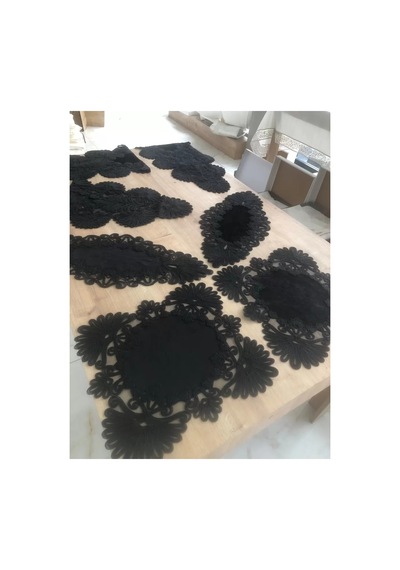 Salon Takımı Çeyizlik Siyah Runner Set 7 Parça Kadife Ranır Masa Konsol Sehpa Örtüsü Palmiye Çok Renkli