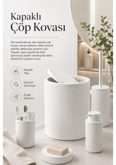Beyaz Banyo Düzenleyici Set 5 Parça Çöp Kovası Tuvalet Fırçası Sabunluk Fırçalık