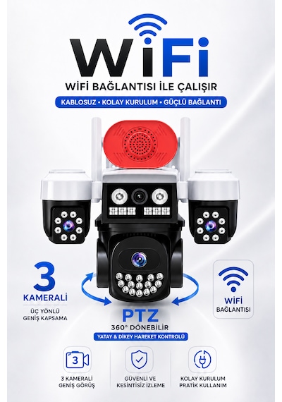 3 Kameralı Wifi Adaptörlü 12mp Hareket Algılamalı Gece Görüşlü Güvenlik Kamerası