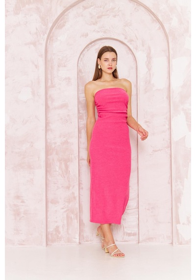 Darlin Moda Kadın Bodycon Straplez Bürümcük Midi Elbise Açık Pembe