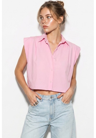 Kadın Kolsuz Gömlek Yaka Beli Lastikli Balon Crop Gömlek Dg261030 60286343 - Pembe
