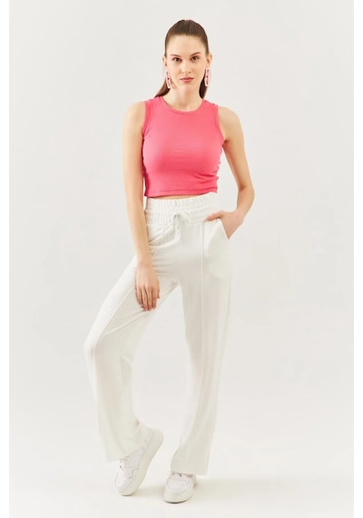 Butikgiz Kadın Sıfır Kol Bisiklet Yaka Vücuda Oturan %100 Pamuklu Kaşkorse Esnek Crop Bluz Pembe