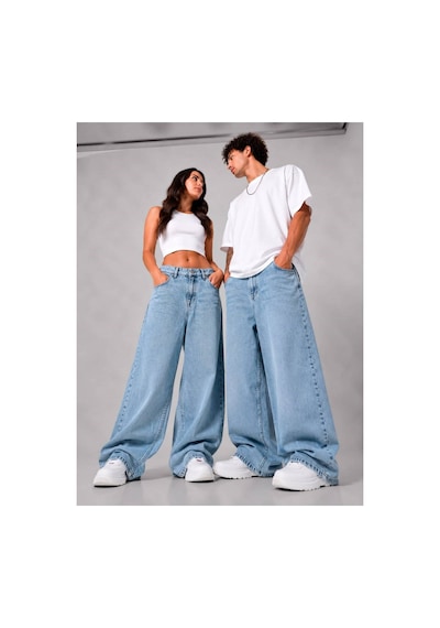 Kar Yıkama Unisex Baggy Jean Pantolon Mavi