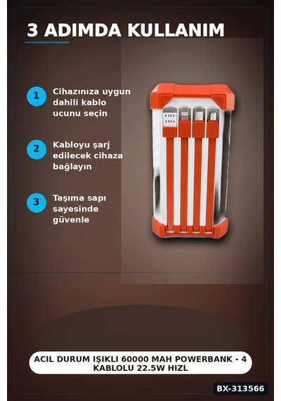 Acil Durum Işıklı 60000 Mah Powerbank - 4 Kablolu 22.5w Hızlı Şarj, Taşıma Saplı Bx-313566 Çok Renkli