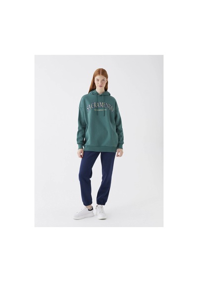 LC Waikiki Baskılı Uzun Kollu Oversize Kadın Hoodie Yeşil