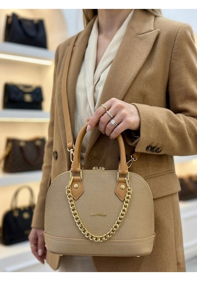 Just Polo Kadın Zincir Detaylı Lüks El Ve Omuz Çantası Shopper Ebat : 25x22 Cm Vizon