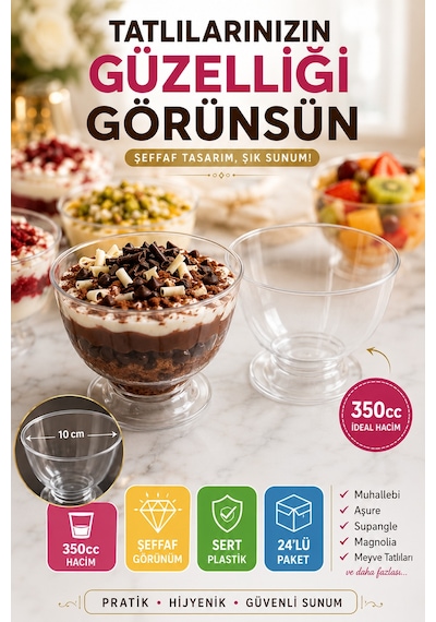 24'lü 350 Cc Şeffaf Sert Plastik Tatlı Kasesi Kullan At Parti Davet Aşure Muhallebi Sunum Kase Seti