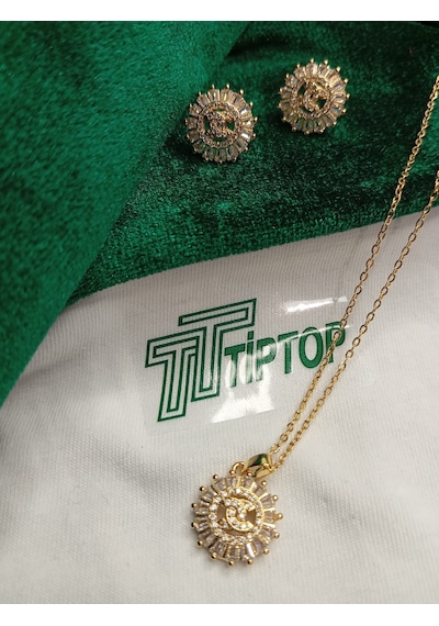 Tiptop/ Gold Renk Zirkon Taşlı Güneş Model Kolye Ve Küpe Set Gold