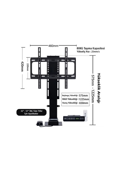 Powermaster 32-57 İnç Ayarlanabilir Yükseklik Uzaktan Kumandalı Lcd Led Tv Kaldırma Aparatı Lift Asansörü 80 Kg Taşır