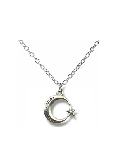 Bir Hilal Uğruna Yazılı Ay Yıldız Figürlü Kolye Gümüş Renk Unisex Zamak Metal Takı Çok renkli