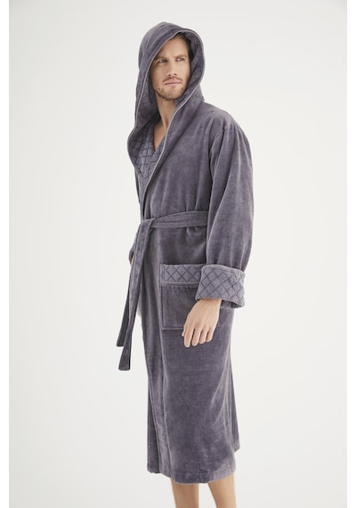 Yaka Jakarlı %100 Cotton Erkek Bornozu Gri