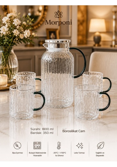 Qerhome Borosilikat Cam Sürahi Ve 4 Adet Kulplu Bardak Takımı 1800 Ml Metal Kapaklı Isıya Dayanıklı