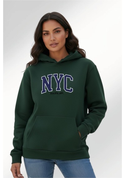 Uyguntarz Unisex Nyc Tasarım Baskılı Kapüşonlu Sweatshirt Yeşil