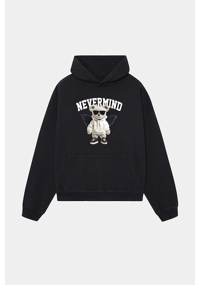 Nevermind Trendy Oversize Beyaz Kapüşonlu Sweatshirt Koleksiyon Siyah