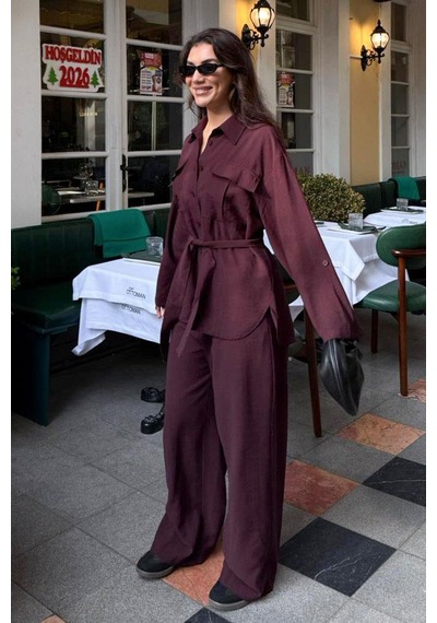 Seeh Bordo Uzun Kollu Oversize Kadın Takım Sh338 Standart