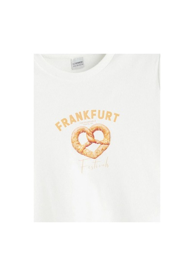 LC Waikiki Lcw Kids Ekru Bisiklet Yaka Frankfurt Baskılı Kız Çocuk Crop Tişört Ecru