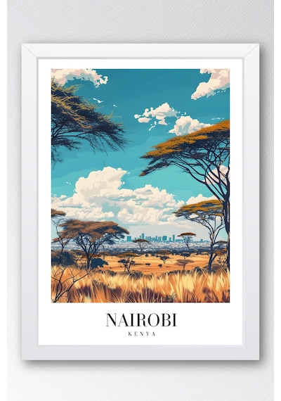 Nairobi Kenya Vintage Seyahat Posteri Çerçeveli Tablo - Premium Afrika Savana Elit Duvar Dekoru Beyaz
