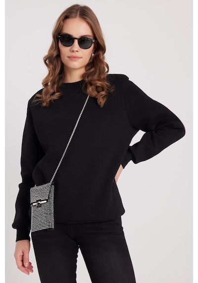 Tudors Kadın Oversize Geniş Kesim Pamuklu 3 İplik İçi Polarlı Basic Siyah Bisiklet Yaka Sweatshirt-37917 SiYAH