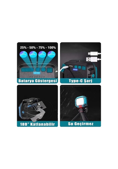 İdragon W892-1 Şarjlı Portatif Led Çalışma Ve Kamp Projektörü- 4 Kademeli Işık, Kırmızı Acil Flaşör, Alt Spot Led, Mıknatıslı & Powerbankli Işıldak 2x 18650 3000mah Pil Dahil Beyaz