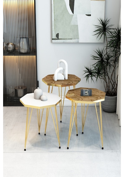 3'lü Sekizgen Zigon Sehpa Seti - Gold Metal Ayaklı, Modern & Şık Yan Sehpa, Dayanıklı Salon Ofis Beyaz Atlantik Çam