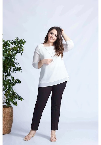Moda Berray 1934 Kolyeli Şifon Büyük Beden Şık Bluz Ekru Ekru