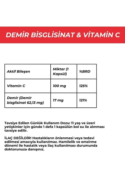 Demir Bisglisinat + Vitamin C Takviye Edici Gıda 30 Kapsül