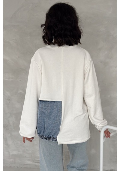 Femelle Kadın Beyaz Kot Detaylı Tasarım Sweatshirt