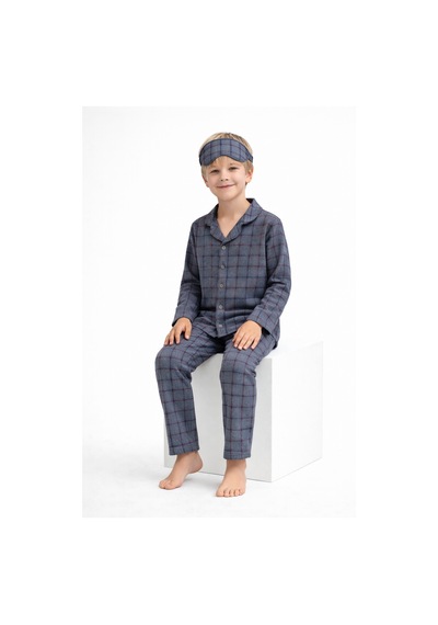 Beka Kids Erkek Çocuk Önden Düğmeli Kareli Pijama Takımı - Göz Bantlı Gri