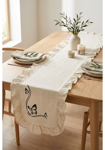 Siyah Kelebek Nakış Detaylı Fırfırlı Masa Runner 40x120 Cm Şık Dekoratif Masa Ve Konsol Örtüsü Açık Bej