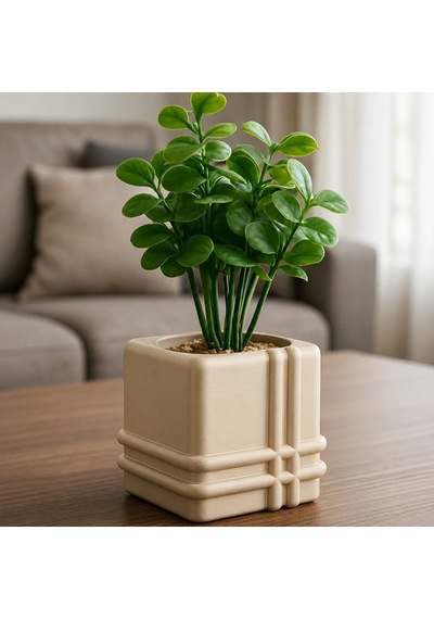3d Baskı Square Planter - Izgara Desenli Küp Saksı-bej