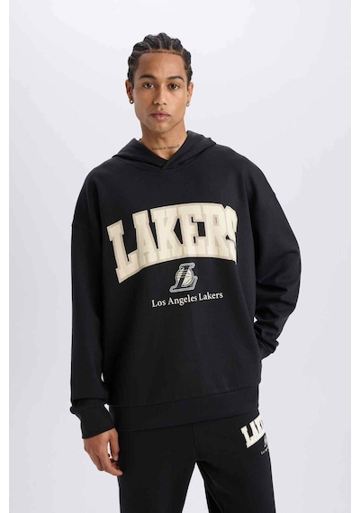 DeFactoFit NBA Los Angeles Lakers Oversize Geniş Kalıp Kapüşonlu Skuba Dalgıç Kumaş Sweatshirt D6709AX25SPBK82