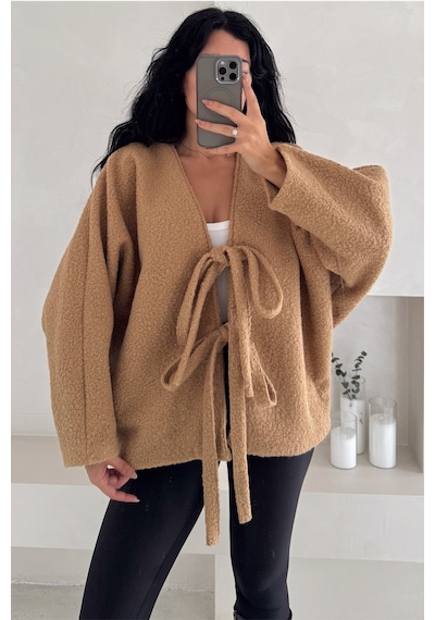 Femelle Camel Bürümcük Bağlamalı Oversize Hırka Yarasa Kol Standart Beden