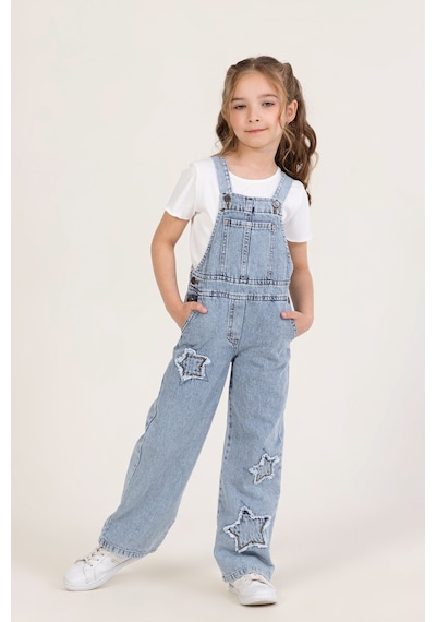 Dmb Kids Kot Yıldız Desenli Cepli Rahat Kesim Tulum Askılı Jean Kız Çocuk Salopet Mavi