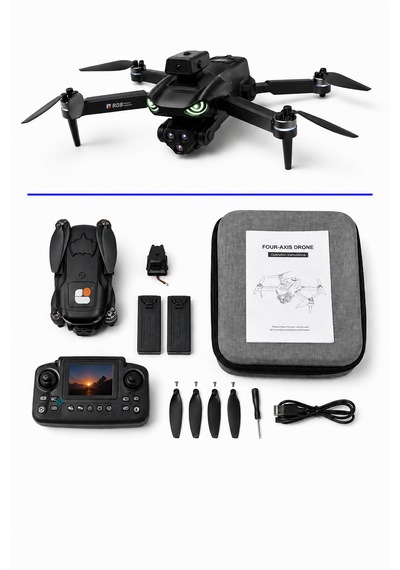 R08 Ekranlı Kumandalı Katlanabilir Drone Hd Çift Kameralı 4 Yönlü Engel Algılama 30 M Uçuş Yüksekliği Hafıza Kartı Destekliere2e