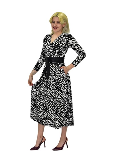 Kadın Krep Zebra Desenli V Yaka Elbise Bgl-st03537 001