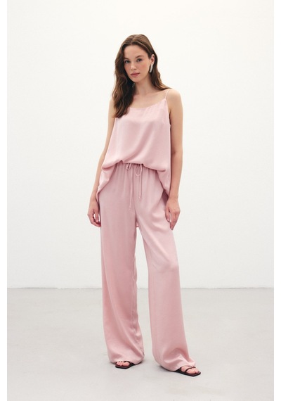Sateen Bağcıklı Salaş Pantolon - Pudra-136381 Pudra
