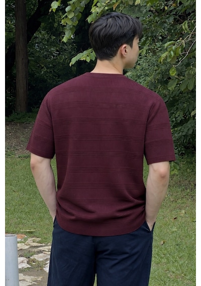 Tarz Cool Fitilli Triko Tişört Erkek Slim Fit Yazlık Premium Basic Üst Bordo