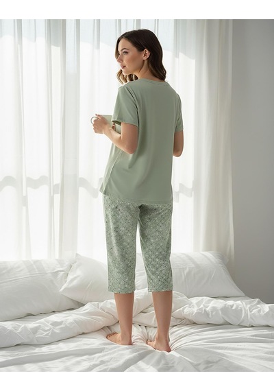 Mihra Kadın %100 Pamuk Bisiklet Yaka Kısa Kol Kapri Pijama Takımı 90787y - 1 Adet Yeşil
