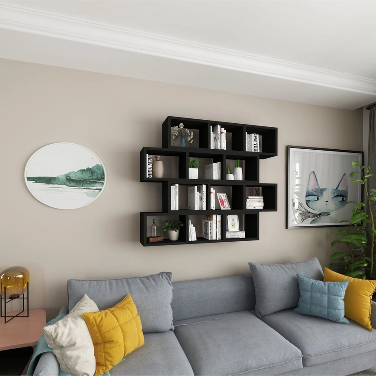 Kitaplık Modern Duvar Rafı Salon Yatay 4 Lü Takım Siyah Siyah