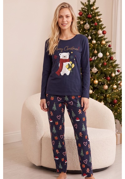 Siyah İnci Yılbaşı Temalı Pamuklu Likralı Örme Pijama Takım26241177 Lacivert