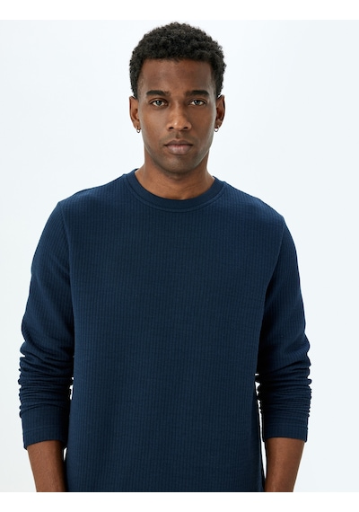 Koton Uzun Kollu Pamuk Karışımlı Dokulu Bisiklet Yaka Sweatshirt Lacivert 5wam70257mk Lacivert