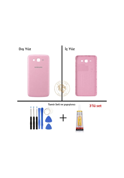 Samsung Galaxy Grand 2 G7106 Pembe Renk Arka Kapak + Tamir Seti + B7000 Yapıştırıcı Arka Cam Batarya Kapağı Pil Kapağı Lazer Kesim Back Cover Galaxy Grand 2 Uyumlu