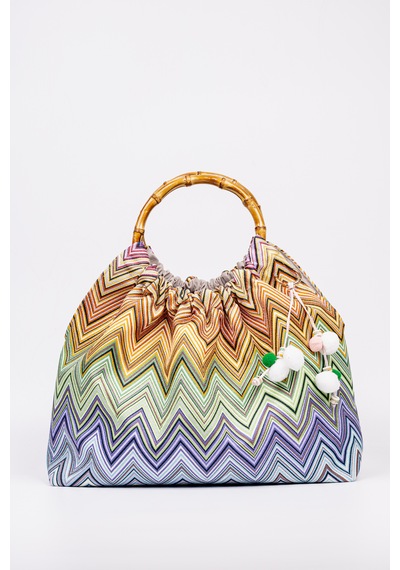 Fabric Craft Bag El Çantası Bambu Saplı Zigzag Desenli Duck Kumaş Çok Renkli