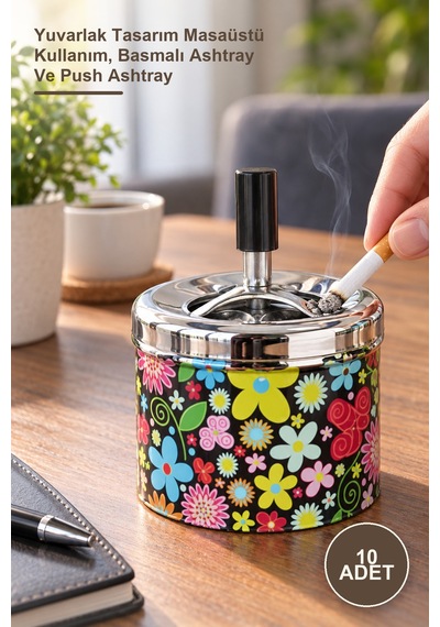 10 Adet Metal Renkli Basmalı Küllük Yuvarlak Tasarım Masaüstü Kullanım, Basmalı Ashtray Ve Push Ashtray